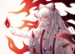Rule 34 | 1girl, absurdres, bow, collared shirt, fire, fujiwara no mokou, grin, hair bow, highres, long hair, long sleeves, pyrokinesis, red bow, red eyes, shirt, siluxiangchengweiouhuang, smile, solo, suspenders, touhou, two-tone bow, upper body, white background, white bow, white hair, white shirt