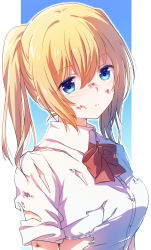 Rule 34 | 1girl, absurdres, blonde hair, blue eyes, bow, bowtie, bra, closed mouth, expressionless, highres, nyaa (nnekoron), onishima homare, red bow, red bowtie, school uniform, scratches, shirt, simple background, sleeves rolled up, solo, sounan desuka?, torn clothes, twintails, underwear, upper body, white shirt