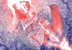 Rule 34 | 1girl, bat wings, bloomers, brooch, commentary request, dress, footwear ribbon, glowing, glowing eyes, hat, jewelry, light purple hair, looking at viewer, misawa hiroshi, mob cap, neck ribbon, open mouth, painting (medium), petticoat, puffy short sleeves, puffy sleeves, red eyes, red ribbon, remilia scarlet, ribbon, sharp teeth, short hair, short sleeves, sidelocks, smile, solo, spear the gungnir, teeth, touhou, traditional media, underwear, vampire, watercolor (medium), wavy hair, white dress, white footwear, wings