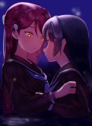 Rule 34 | 2girls, black serafuku, blue hair, chromatic aberration, clenched teeth, crying, hair ornament, hairclip, half updo, hand on another&#039;s chest, hand on another&#039;s shoulder, long hair, long sleeves, looking at another, love live!, love live! sunshine!!, multiple girls, neckerchief, night, outdoors, parted lips, red hair, sakurauchi riko, school uniform, sellel, serafuku, teeth, tsushima yoshiko, white neckerchief, yellow eyes