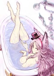 Rule 34 | 10s, 1girl, amami amayu, animal ears, bath, bathing, bathtub, breasts, catharine (granblue fantasy), claw foot bathtub, crossed legs, artistic error, erune, faucet, fox ears, granblue fantasy, hairband, hat, large breasts, long hair, looking at viewer, looking back, mini hat, mini top hat, parted bangs, partially submerged, pink eyes, pink hair, solo, top hat, wet, wrong foot