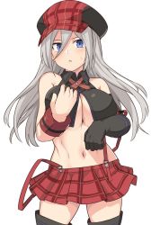 Rule 34 | 1girl, :o, alisa ilinichina amiella, bare shoulders, black gloves, black headwear, blush, boots, breasts, cleavage, commentary request, cowboy shot, gloves, god eater, grey hair, hair between eyes, large breasts, looking at viewer, miniskirt, navel, purple eyes, red headwear, red skirt, shiseki hirame, simple background, single glove, skirt, solo, suspender skirt, suspenders, white background
