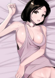Rule 34 | 1girl, arm up, black hair, breasts, brown eyes, dytm, groin, highres, large breasts, looking at viewer, loose clothes, loose shirt, lying, no bra, on back, original, out-of-frame censoring, shirt, short hair, solo, sweat, tank top