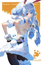Rule 34 | 1girl, absurdres, animal ear fluff, animal ears, ass, backless dress, backless outfit, bare shoulders, black gloves, black pantyhose, blue hair, bow, braid, breasts, brown background, carrot hair ornament, closed mouth, commentary request, detached sleeves, dress, food-themed hair ornament, from behind, fur-trimmed dress, fur-trimmed gloves, fur trim, gloves, hair between eyes, hair bow, hair ornament, highres, hololive, looking at viewer, looking back, medium breasts, multicolored hair, pantyhose, puffy short sleeves, puffy sleeves, rabbit ears, rabbit girl, rabbit tail, red eyes, scottie (phantom2), short eyebrows, short sleeves, solo, strapless, strapless dress, tail, thick eyebrows, twin braids, twintails, two-tone background, two-tone hair, usada pekora, usada pekora (1st costume), virtual youtuber, white background, white bow, white dress, white hair, white sleeves