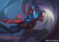Rule 34 | 1boy, armor, artist name, attack, fighting stance, hair bun, highres, immortal journey zed, league of legends, long hair, looking at viewer, male focus, mask, mouth mask, official alternate costume, official alternate hairstyle, outstretched arms, parted bangs, red eyes, shoulder armor, shuriken, single hair bun, solo, wang zei, weapon, white hair, zed (league of legends)