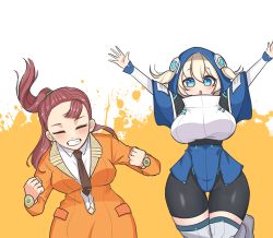 Rule 34 | angleworld, arms up, bike shorts, blonde hair, blue eyes, boots, closed eyes, ella of the sky, highres, hood, hoodie, jumping, last origin, long hair, looking at viewer, necktie, open mouth, orangeade (last origin), parted bangs, ponytail, purple hair, smile, tight clothes, twintails