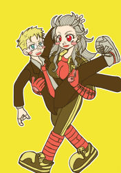 Rule 34 | 1boy, 1girl, artist request, blonde hair, blue eyes, blush stickers, carrying, cross, dorohedoro, earrings, jewelry, necktie, noi (dorohedoro), princess carry, red eyes, shin (dorohedoro), shoes, sneakers, stitches, white hair