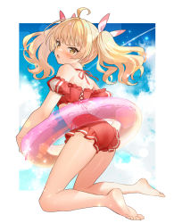 Rule 34 | 1girl, ahoge, alternate costume, ass, bare shoulders, barefoot, bikini, blonde hair, blue archive, blue sky, blush, cloud, day, highres, holding, holding swim ring, innertube, long hair, looking at viewer, looking back, puffy short sleeves, puffy sleeves, red bikini, sakuro, see-through, short sleeves, sky, soles, solo, swim ring, swimsuit, twintails, yellow eyes, yoshimi (blue archive)