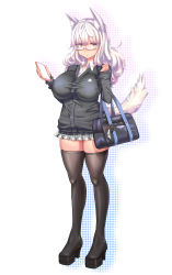 Rule 34 | 1girl, :o, absurdres, animal ear fluff, animal ears, bag, black sweater, boots, breasts, cellphone, collared shirt, dot nose, female focus, full body, glasses, handbag, highres, large breasts, legs, long sleeves, original, phone, pleated skirt, school uniform, serizawa (knight2020), shirt, skindentation, skirt, solo, space marine, standing, sweater, tail, thigh boots, thighhighs, warhammer 40k, white background, white hair, yellow eyes, zettai ryouiki