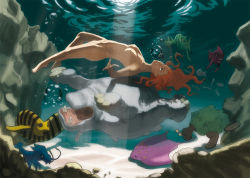 Rule 34 | 1girl, afloat, air bubble, barefoot, breath, bubble, blowing bubbles, coral, diving, fish, floating, freediving, holding breath, lobster, long hair, monster, nude, nudist, original, red hair, skinny dipping, swimming, turtle, underwater, water, zenra