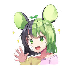Rule 34 | 1girl, :d, animal ears, black hair, blush, collarbone, copyright request, cropped torso, green eyes, green hair, hand up, long sleeves, looking at viewer, mouse ears, multicolored hair, newey, open mouth, purple shirt, round teeth, sapling, shirt, simple background, sleeves past wrists, smile, solo, sparkle, teeth, two-tone hair, two-tone shirt, upper body, upper teeth only, white background, yellow shirt
