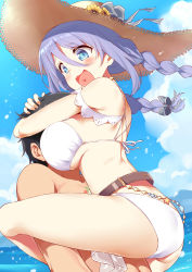 Rule 34 | 1boy, 1girl, absurdres, ass, back, belt, bikini, black hair, blue eyes, blue sky, braid, breast smother, breasts, cloud, commentary request, day, face to breasts, flower, hair between eyes, hair ribbon, hat, hat flower, hat ribbon, heart, highres, hug, large breasts, leg lock, long hair, ocean, open mouth, outdoors, princess connect!, purple hair, ribbon, ryuki (ryukisukune), shizuru (princess connect!), shizuru (summer) (princess connect!), sideboob, sky, smile, straw hat, sun hat, sunflower, swimsuit, thighs, white bikini