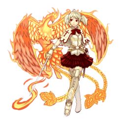 Rule 34 | 1girl, ahoge, albino, armor, belt, bird, boots, cape, capelet, fire, gloves, greaves, k+, original, phoenix, rapier, red eyes, ribbon, sheath, short hair, short twintails, skirt, smile, solo, sword, thigh boots, thighhighs, twintails, weapon, white hair, zettai ryouiki