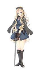 Rule 34 | 1girl, black jacket, blonde hair, blue eyes, boots, breasts, brown footwear, brown gloves, formation girls, full body, gloves, goggles, goggles on head, helma garland, highres, holding, holding sword, holding weapon, jacket, jacket on shoulders, large breasts, long hair, looking at viewer, official art, solo, standing, sword, taira tsukune, transparent background, very long hair, wavy hair, weapon