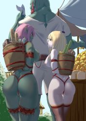Rule 34 | 1boy, 2girls, absurdres, arms behind back, bdsm, blonde hair, bondage, bound, bread, breasts, carrying, collar, colored skin, crotch rope, dripping, female orc, food, fruit, green eyes, green skin, highres, hut, large breasts, leash, market, market stall, meat, multiple girls, nipple piercing, nipple rings, orc, pantyhose, piercing, pink hair, pointy ears, pussy juice, pussy juice drip, red rope, rope, sausage, shibari, slave, vegetable, white legwear, yakou (4507770)