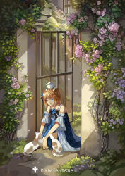Rule 34 | 1girl, animal, animal on head, ao hitomi, blonde hair, blue eyes, bow, cat, cat on head, detached sleeves, dress, flower, garden, gate, hair flower, hair ornament, house, kneeling, looking down, on head, open mouth, original, petals, pixiv fantasia, pixiv fantasia t, plant, shadow, short hair, solo, squatting, sunlight, vines, wall