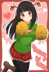Rule 34 | 10s, 1girl, alternate costume, antlers, bad id, bad twitter id, bell, black hair, black thighhighs, blunt bangs, blush, boots, brown footwear, chitanda eru, cleavage cutout, clothing cutout, cross-laced footwear, frilled skirt, frills, heart, highres, horns, hyouka, lace-up boots, leg up, long hair, looking at viewer, max melon, md5 mismatch, meme attire, merry christmas, open-chest sweater, plaid, plaid skirt, pom pom (cheerleading), purple eyes, resized, ribbed sweater, skirt, smile, solo, sweater, thighhighs, turtleneck