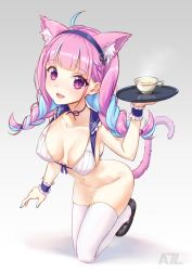 Rule 34 | 1girl, a-plug, animal ears, bottomless, cat ears, highres, hololive, looking at viewer, minato aqua, multicolored hair, pee, peeing in cup, purple eyes, purple hair, smile, solo, streaked hair, tail, thighhighs, tray, virtual youtuber, white background