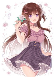 Rule 34 | 1girl, :d, bare shoulders, bow, breasts, brown hair, character request, cleavage, collarbone, commentary request, flower, frilled shirt, frilled skirt, frills, hair between eyes, hair bow, hair ornament, hairclip, hand up, heart, heart hair ornament, hitsuki rei, holding, holding flower, looking at viewer, medium breasts, off-shoulder shirt, off shoulder, open mouth, petals, pink shirt, plaid, plaid skirt, purple eyes, shirt, simple background, skirt, skirt hold, smile, snowdreams -lost in winter-, solo, white background, white bow, white flower