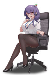 Rule 34 | 1girl, absurdres, alternate costume, azur lane, chair, chym39, commission, glasses, high heels, highres, holding, holding pen, id card, italian flag, lanyard, looking at viewer, miniskirt, office lady, pantyhose, pen, pola (azur lane), purple hair, simple background, sitting, skirt, twintails, white background