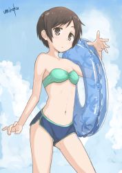 Rule 34 | 1girl, :o, aqua bikini, arm at side, arm up, bare arms, bare legs, bare shoulders, bikini, bikini shorts, black eyes, black hair, blue innertube, blue shorts, blush, breasts, cleavage, cloud, female focus, hasegawa fumi, holding, holding swim ring, innertube, legs, looking at viewer, navel, neck, see-through, short hair, short shorts, shorts, side slit, signature, sky, small breasts, solo, standing, strapless, strapless bikini, summer, swim ring, swimsuit, umiroku, yuyushiki