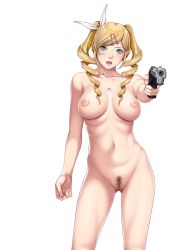 Rule 34 | 1girl, aqua eyes, blonde hair, blush, breasts, celine verxina, censored, closed game, drill hair, empress (studio), game cg, green eyes, gun, handgun, large breasts, legs, long hair, looking at viewer, mosaic censoring, navel, nipples, nude, open mouth, pistol, pubic hair, pussy, sei shoujo, serious, standing, tattoo, thighs, transparent background, twin drills, weapon