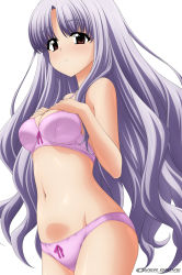 Rule 34 | 1girl, absurdres, azmaria hendric, bra, breasts, calendar, chrno crusade, cleavage, dutch angle, february, hands on own chest, highres, light purple hair, long hair, medium breasts, navel, panties, pink bra, pink panties, red eyes, simple background, smile, solo, sugimura tomokazu, underwear, underwear only, white background