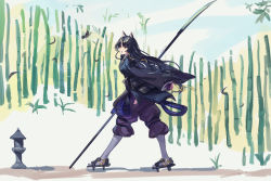 Rule 34 | 1girl, animal ears, arknights, armor, artist name, bamboo, bamboo forest, black hair, braid, branch, buddhism, bug, butterfly, dog ears, flock, forest, from side, full body, gauntlets, geta, highres, holding, holding polearm, holding weapon, insect, japanese armor, japanese clothes, long hair, long sleeves, looking up, naginata, nature, open mouth, orange eyes, polearm, saga (arknights), solo, stone lantern, surprised, walking, weapon, wide sleeves