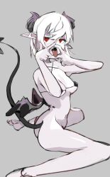 Rule 34 | absurdres, germ poo, grey background, highres, horns, red eyes, sharp teeth, sticking out tongue, tail, teeth, tongue, tongue out, white hair