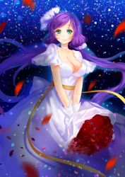 Rule 34 | 1girl, bouquet, breasts, choker, cleavage, collarbone, dress, floating hair, flower, gloves, green eyes, hair ornament, holding, holding bouquet, large breasts, long dress, long hair, love live!, love live! school idol project, parted bangs, petals, purple hair, red flower, red rose, rose, smile, solo, standing, tojo nozomi, twintails, very long hair, vetina, wedding dress, white dress, white gloves