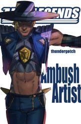 Rule 34 | 1boy, abs, apex legends, black headwear, bleach, blonde hair, blue eyes, blue jacket, clothing cutout, copyright name, cover, cover page, dark-skinned male, dark skin, fake cover, highres, jacket, lip piercing, logo parody, looking at viewer, male focus, manga cover, piercing, seer (apex legends), solo, stomach cutout, thundergotch, white background