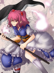 Rule 34 | 1girl, bad id, bad pixiv id, female focus, fighting stance, ghost, grin, hair bobbles, hair ornament, kneehighs, onozuka komachi, pink hair, pokimari, red eyes, scythe, short hair, smile, socks, solo, touhou, twintails, two side up