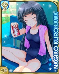 Rule 34 | 1girl, bags under eyes, barefoot, black hair, black nails, blue background, card (medium), closed mouth, competition swimsuit, covered navel, day, closed eyes, girlfriend (kari), kurokawa nagiko, long hair, looking at viewer, nail polish, official art, one-piece swimsuit, outdoors, qp:flapper, red eyes, sitting, smile, soda, solo, swimsuit