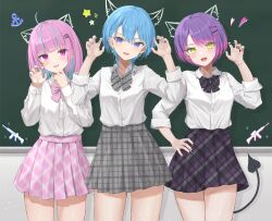 Rule 34 | 3girls, :d, absurdres, ahoge, alternate costume, alternate hair length, alternate hairstyle, anchor symbol, aqua hair, black nails, blue eyes, blue hair, blue nails, blunt bangs, blush, bow, bowtie, bracelet, breasts, chalk, chalkboard, claw pose, collarbone, colored inner hair, demon tail, drawing, dress shirt, ear piercing, earrings, fangs, green eyes, grey bow, grey bowtie, grey skirt, hair between eyes, hair ornament, hairclip, hand on own hip, hand on own chin, hand up, hands up, heart, highres, hololive, hoshimachi suisei, jewelry, long sleeves, looking at viewer, minato aqua, multicolored hair, multiple girls, nail polish, norio (noriosub), official alternate hairstyle, open mouth, piercing, pink bow, pink bowtie, pink hair, pink nails, pink skirt, plaid, plaid skirt, pleated skirt, purple eyes, purple hair, school uniform, shirt, shirt tucked in, short hair, skirt, sleeves rolled up, small breasts, smile, star (symbol), star earrings, star in eye, streaked hair, swept bangs, symbol in eye, tail, tail ornament, tail piercing, teeth, tokoyami towa, tsurime, two-tone hair, virtual youtuber, white shirt, x hair ornament