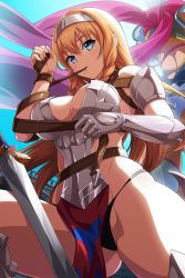Rule 34 | 2girls, armor, ass, back, bikini armor, black panties, blonde hair, blue eyes, blue hair, blue panties, braid, breasts, cleavage, closed mouth, dark-skinned female, dark skin, dress, gauntlets, greaves, grey legwear, headgear, holding, holding sword, holding weapon, irma (queen&#039;s blade), irma (queen&#039;s blade unlimited), large breasts, leina (queen&#039;s blade), leina (queen&#039;s blade unlimited), loincloth, long hair, looking at viewer, mouth hold, multiple girls, official art, outdoors, panties, queen&#039;s blade, queen&#039;s blade unlimited, queen&#039;s blade white triangle, revealing clothes, scarf, short dress, short hair, side braids, sidelocks, single gauntlet, string panties, sword, tan, thighhighs, thighs, twin braids, underwear, weapon