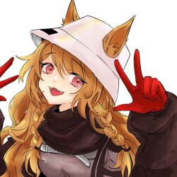 Rule 34 | 1girl, :d, animal ear fluff, animal ears, arknights, black jacket, braid, breasts, brown hair, ceobe (arknights), chomo o12, commentary request, dog ears, double w, ears through headwear, gloves, grey shirt, hair between eyes, hands up, highres, jacket, long hair, long sleeves, looking at viewer, medium breasts, open clothes, open jacket, open mouth, puffy long sleeves, puffy sleeves, red eyes, red gloves, shirt, simple background, smile, solo, twin braids, w, white background, white headwear