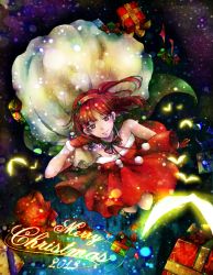 Rule 34 | 1girl, bare shoulders, christmas, dress, gift, long hair, looking at viewer, magi the labyrinth of magic, morgiana, ponytail, red eyes, red hair, santa costume, side ponytail, sleeveless, sleeveless dress, smile, solo