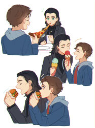 Rule 34 | 2boys, animification, back, black hair, black sweater, blue jacket, brown eyes, brown hair, burger, closed eyes, commentary, cup, disposable cup, drinking straw, eating, fingernails, food, green eyes, grey jacket, hand up, hands up, holding, holding burger, holding cup, holding food, holding ice cream, holding pizza, hood, hooded jacket, ice cream, ice cream cone, jacket, lapels, loki (marvel), long sleeves, looking at another, male focus, marvel, marvel cinematic universe, medium hair, multiple boys, murdermuffinloki, open clothes, open jacket, open mouth, peter parker, pizza, pizza slice, red shirt, shirt, short hair, simple background, sitting, smile, sweater, symbol-only commentary, t-shirt, table, turtleneck, turtleneck sweater, white background