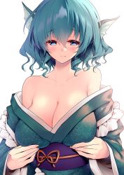 Rule 34 | 1girl, bare shoulders, blue eyes, blue hair, breast hold, breasts, cleavage, closed mouth, collarbone, drill hair, drill sidelocks, fingernails, fins, hair between eyes, head fins, japanese clothes, kimono, large breasts, long sleeves, medium hair, mermaid, monster girl, obi, off shoulder, sakurame, sash, sidelocks, simple background, solo, touhou, upper body, wakasagihime, white background, wide sleeves