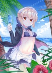 Rule 34 | 1girl, akazateri, apron, artoria pendragon (alter swimsuit rider) (fate), artoria pendragon (alter swimsuit rider) (second ascension) (fate), artoria pendragon (fate), beach, bikini, black bikini, black skirt, blonde hair, blue sky, bow, braid, breasts, brown eyes, cloud, crown braid, day, fate/grand order, fate (series), flower, food, frills, frown, hair bow, holding, holding food, long sleeves, looking at viewer, maid, maid bikini, maid headdress, navel, open clothes, outdoors, palm tree, popsicle, ribbon, short hair, skirt, sky, solo, standing, swimsuit, tree, unconventional maid, yellow eyes