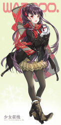 Rule 34 | 1girl, artist name, black coat, black jacket, black pantyhose, blunt bangs, blush, boots, brown footwear, brown skirt, character name, coat, copyright name, enpera, fringe trim, full body, girls&#039; frontline, gradient background, green background, hair ribbon, high heel boots, high heels, holding, jacket, juna, knee boots, long hair, long sleeves, looking at viewer, miniskirt, official alternate costume, open clothes, open coat, pantyhose, parted lips, pink ribbon, pleated skirt, purple hair, red eyes, red scarf, ribbon, scarf, skirt, snowman, solo, twintails, wa2000 (date in the snow) (girls&#039; frontline), wa2000 (girls&#039; frontline), weapon bag