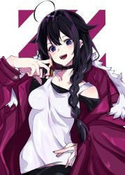 Rule 34 | 1girl, absurdres, alternate costume, black hair, blush, braid, breasts, casual, coat, commentary, hair flaps, hair ornament, hair over shoulder, hair ribbon, highres, kantai collection, long hair, looking at viewer, medium breasts, na-code (gurich), open mouth, purple coat, purple eyes, ribbon, shigure (kancolle), shirt, single braid, sleeveless, sleeveless shirt, solo, striped, striped background