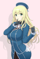 Rule 34 | 10s, 1girl, atago (kancolle), blonde hair, blush, breasts, female focus, gloves, green eyes, hat, kantai collection, large breasts, long hair, morisawa haruyuki, pantyhose, parted lips, simple background, solo, uniform