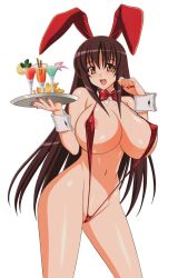 Rule 34 | 1girl, animal ears, areola slip, bikini, bow, bowtie, breasts, brown hair, bunny girl, character request, covered erect nipples, detached collar, drink, fake animal ears, food, fruit, highres, huge breasts, kuroda kazuya, lemon, long hair, nail polish, narrow waist, navel, one-piece swimsuit, rabbit ears, red bow, red bowtie, red eyes, red one-piece swimsuit, simple background, slingshot swimsuit, solo, swimsuit, thick thighs, thighs, tray, waitress, white background, wide hips, wrist cuffs