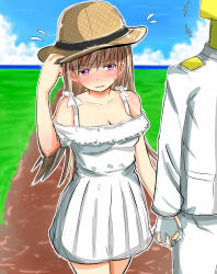 Rule 34 | 10s, 1boy, 1girl, alternate costume, alternate eye color, bare shoulders, baretto (karasi07), blue sky, blush, breasts, brown hair, cloud, collarbone, commentary request, day, dress, flying sweatdrops, gloves, holding hands, hand on headwear, hat, hetero, highres, interlocked fingers, kantai collection, long hair, long sleeves, looking to the side, medium breasts, military, military uniform, ooi (kancolle), open mouth, outdoors, purple eyes, sky, straw hat, t-head admiral, uniform, white dress, white gloves