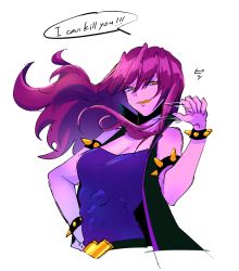 Rule 34 | 1girl, armlet, breasts, cleavage, colored skin, deltarune, english text, highres, humanization, long hair, personification, pink skin, purple hair, sharp teeth, simple background, solo, spiked armlet, susie (deltarune), teeth, white background, yellow eyes, yellow teeth