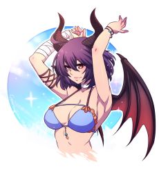 Rule 34 | 1girl, 2018, armpits, arms up, artist name, bandaged arm, bandages, bikini, bikini top only, blue bikini, breasts, choker, closed mouth, cloud, collarbone, crescentia fortuna, cropped torso, dragon horns, dragon wings, granblue fantasy, grea (shingeki no bahamut), hair between eyes, horns, large breasts, red eyes, shingeki no bahamut, short hair, solo, sparkle, strap gap, swimsuit, transparent background, upper body, v-shaped eyebrows, wings