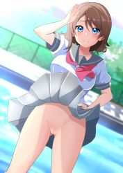 Rule 34 | 1girl, absurdres, blue eyes, blush, breasts, brown hair, commentary request, commission, grey sailor collar, grey skirt, hand on own hip, highres, kisaragi setsu (mssk8485), light blush, looking at viewer, love live!, love live! sunshine!!, medium breasts, necktie, no panties, pixiv commission, pleated skirt, pool, pussy, red necktie, sailor collar, salute, school uniform, serafuku, shirt, short hair, short sleeves, skirt, smile, solo, uranohoshi school uniform, watanabe you, white shirt, wind, wind lift
