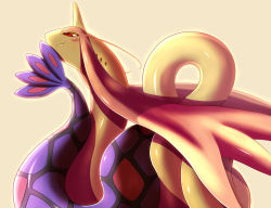 Rule 34 | blush, creatures (company), game freak, gen 3 pokemon, highres, looking at viewer, looking back, milotic, nintendo, no humans, pokemon, pokemon (creature), red eyes, simple background, smile, smirk, solo