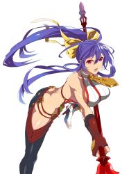 Rule 34 | 1girl, angry, antenna hair, ass, back, backless outfit, bare shoulders, blazblue, blazblue variable heart, blue hair, boots, bow, breasts, butt crack, fingerless gloves, genderswap, genderswap (mtf), gloves, hair bow, high heel boots, high heels, highres, large breasts, long hair, looking at viewer, mai natsume, no bra, no panties, official art, open mouth, polearm, ponytail, red eyes, ribbon, solo, spear, very long hair, weapon